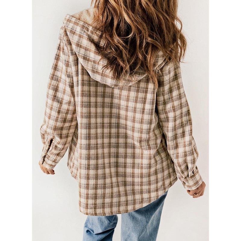 Dokotoo Womens Plaid Shacket Jacket Long Sleeve Button Down Fleece Hooded Jackets Warm Coat