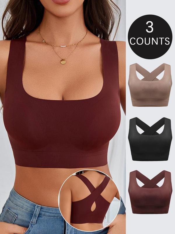 Women's Solid Criss Cross Backless Bralette, Casual Comfortable Breathable Wireless Bra, Lingerie for All Seasons