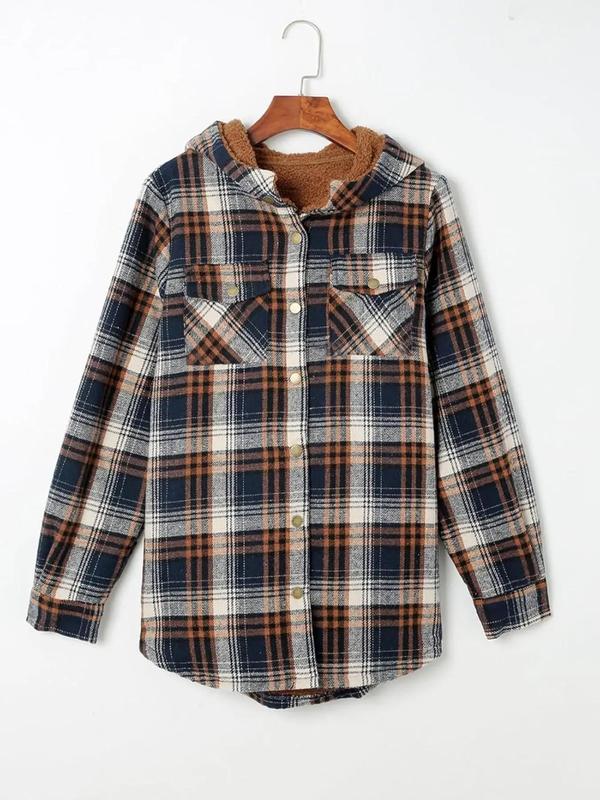 Women's Plaid Print Button Front Hooded Jacket, Casual Long Sleeve Pocket Outerwear for Fall & Winter, Ladies Clothes for Daily Wear