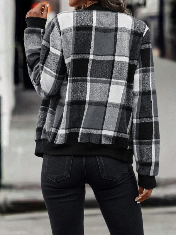 Women's Plaid Print Zip Up Bomber Jacket, Casual Long Sleeve Baseball Collar Outerwear for Spring & Fall, Ladies Clothes for Daily Wear