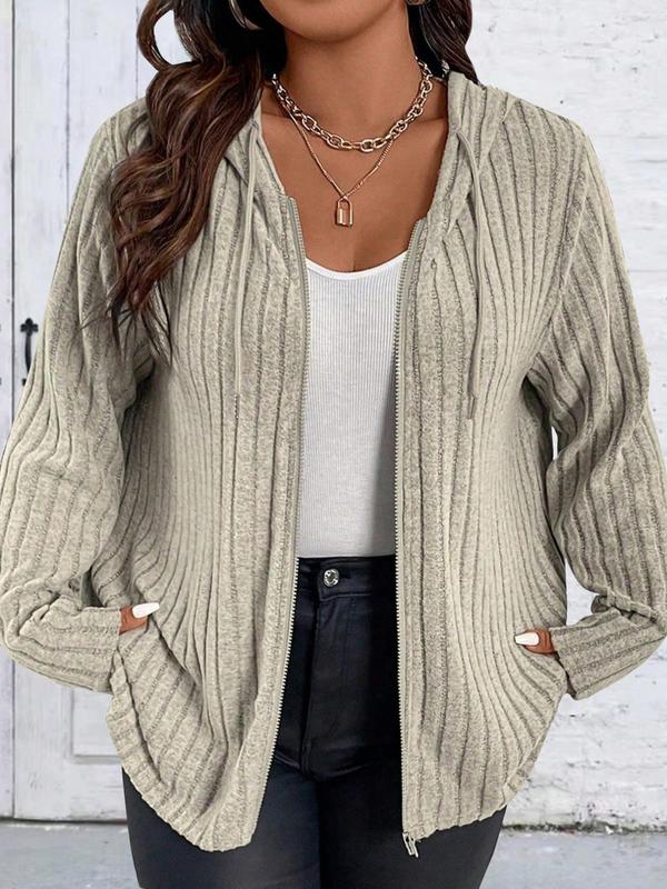  Plus Plain Drawstring Zipper Hooded Coat, Casual Long Sleeve Outerwear For Fall, Women's Clothes For Daily Wear