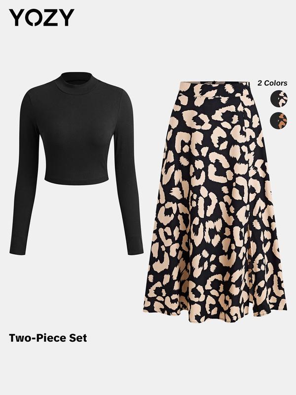 YOZY [2 colors] Mock Neck Top & All Over Print Split Hem Skirt Set, Elegant Fashion Casual Long Sleeve Top & High Waist Midi Skirt, 2024 Women's Spring & Fall Outfits for Daily Outdoor Wear