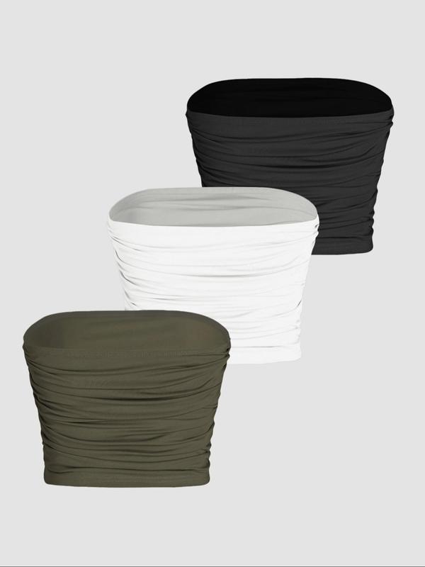 Women's Solid Ruched Strapless Tube Top, Casual Basic Short Sleeve Top for Daily Wear, Ladies Clothes for All Seasons