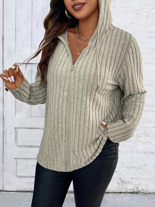  Plus Plain Drawstring Zipper Hooded Coat, Casual Long Sleeve Outerwear For Fall, Women's Clothes For Daily Wear