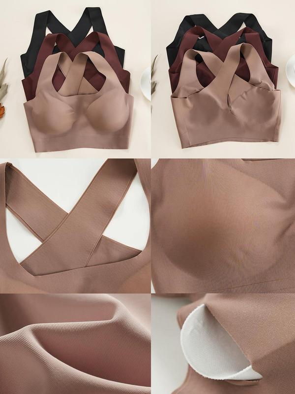 Women's Solid Criss Cross Backless Bralette, Casual Comfortable Breathable Wireless Bra, Lingerie for All Seasons