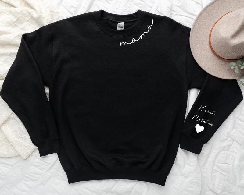 [Custom in description] ,Custom Mama Sweatshirt with Kid Name on Sleeve, Personalized Mom Sweatshirt, Minimalist Momma Sweater, Christmas Gift for Mom, Gift for Her Womenswear Bottom