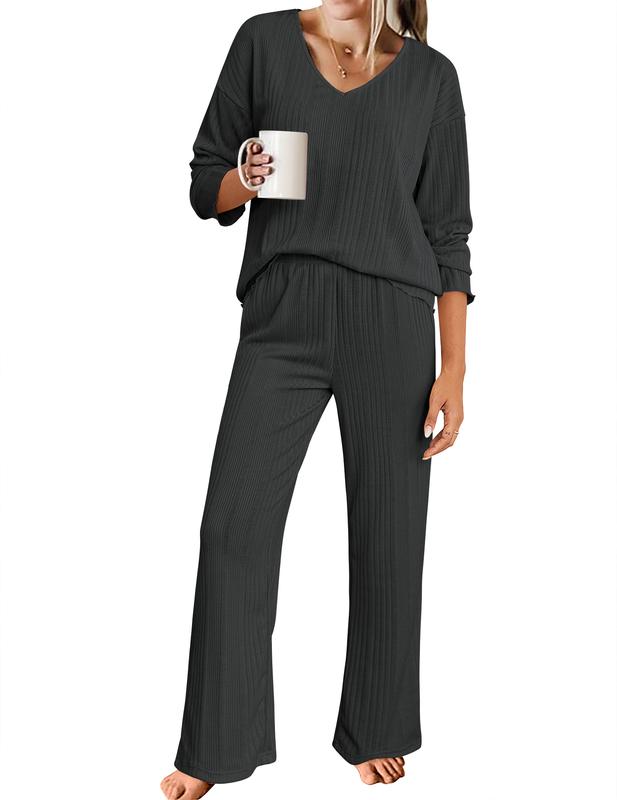 Ekouaer Women's Ribbed Knitted V-neck Long Sleeve Top and Wide Leg Pants Casual Pajama Set 2-piece Set Casual Pajama Set