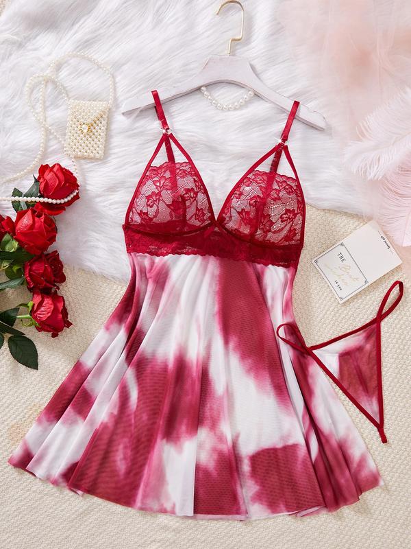 Women's Tie Dye Print Contrast Floral Lace Cami Nightdress & Thong Two-piece Set, Adjustable Spaghetti Strap Bow Decor Nightgown & Panty, Sleepwear Set for Women