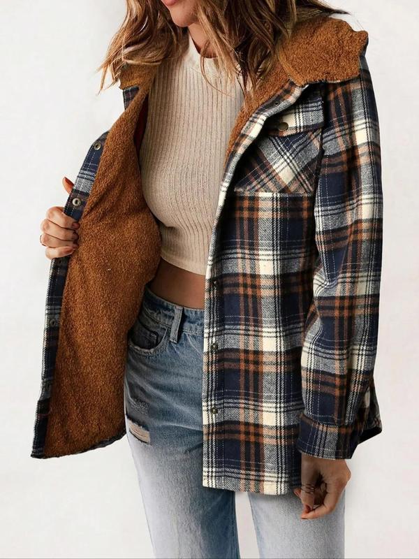 Women's Plaid Print Button Front Hooded Jacket, Casual Long Sleeve Pocket Outerwear for Fall & Winter, Ladies Clothes for Daily Wear