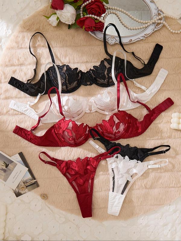 Women's Floral Embroidery Sheer Mesh Lingerie Set, Elegant Adjustable Strap Underwire Push Up Bra & Thong, Soft Comfy Breathable Lingerie Set for Women