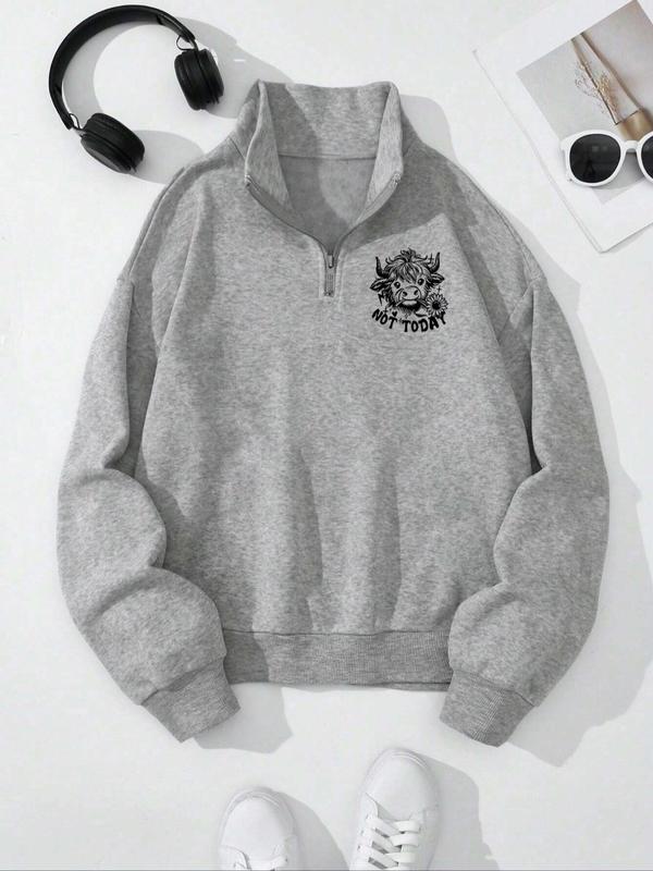Women's Highland Cow & Letter Print Thermal Lined Sweatshirt, Casual Long Sleeve Pullover for Fall & Winter, Women's Clothes for Daily Wear