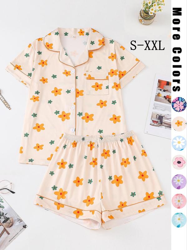 Two-Piece Set Women's Floral Print Button Front Sleep Shirt & Elastic Waist Shorts Pyjama Set, Casual Contrast Binding Pocket Lapel Top & Shorts Pj Set, Pajama Sets Women, Ladies Sleepwear for All Seasons