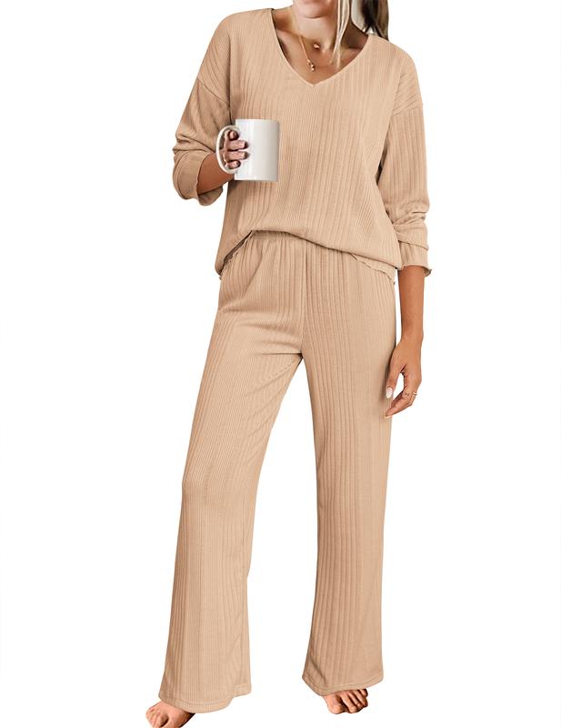 Ekouaer Women's Ribbed Knitted V-neck Long Sleeve Top and Wide Leg Pants Casual Pajama Set 2-piece Set Casual Pajama Set