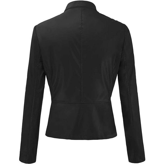 Womens Faux Leather Long Sleeve Jackets Zip Up Moto Outwear Slim Short Coats