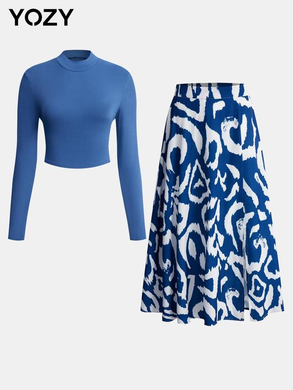 YOZY [2 colors] Mock Neck Top & All Over Print Split Hem Skirt Set, Elegant Fashion Casual Long Sleeve Top & High Waist Midi Skirt, 2024 Women's Spring & Fall Outfits for Daily Outdoor Wear