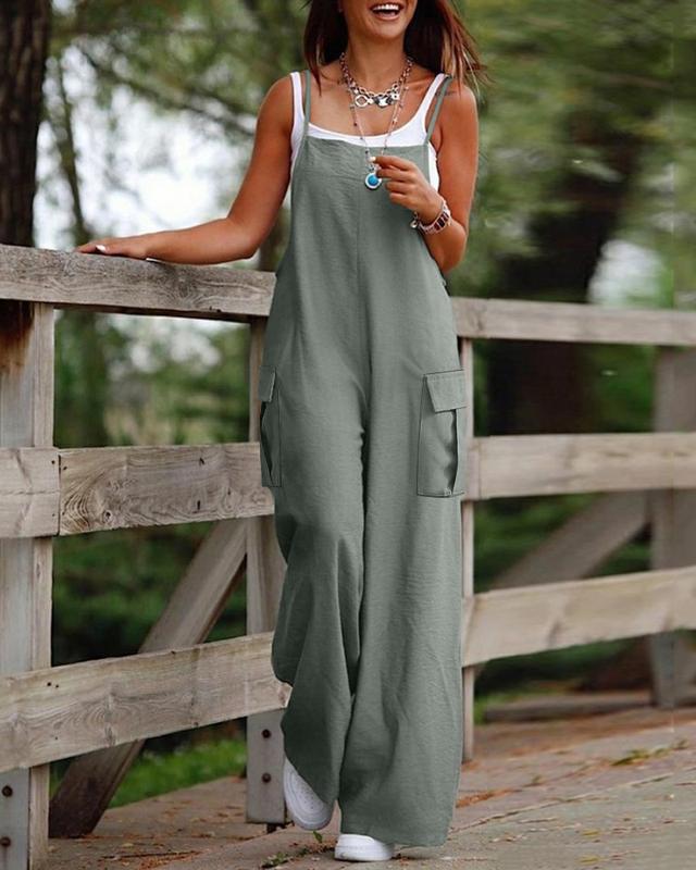 Chicme Spaghetti Strap Pocket Design Suspender Jumpsuit Casual Fit Sleeve Womenswear