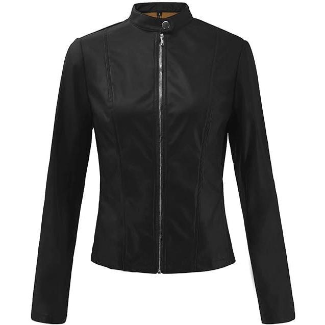 Womens Faux Leather Long Sleeve Jackets Zip Up Moto Outwear Slim Short Coats