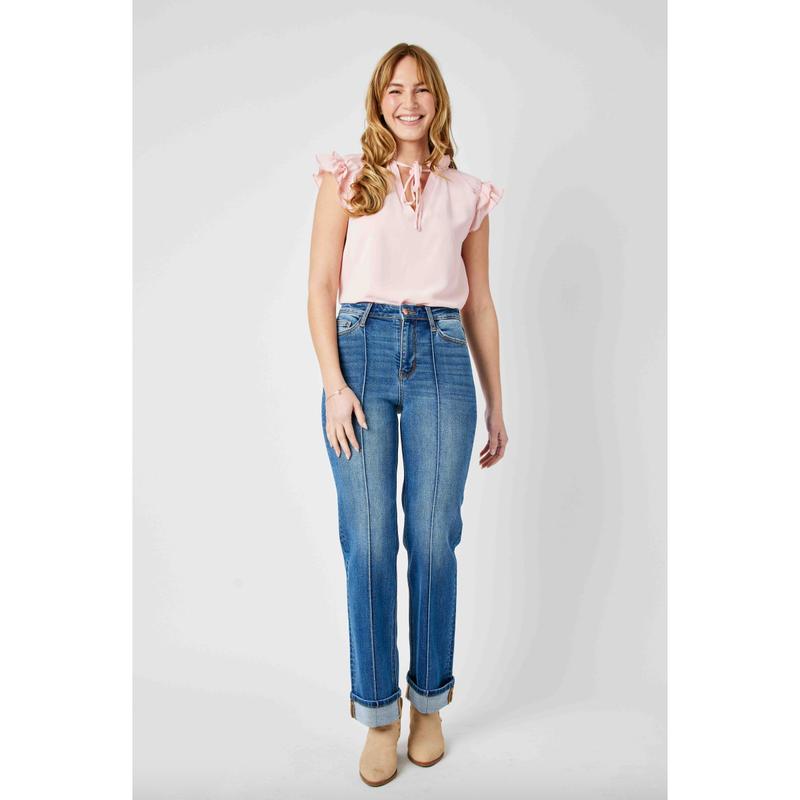 Judy Blue Front Seam Cuffed Straight Leg Jeans