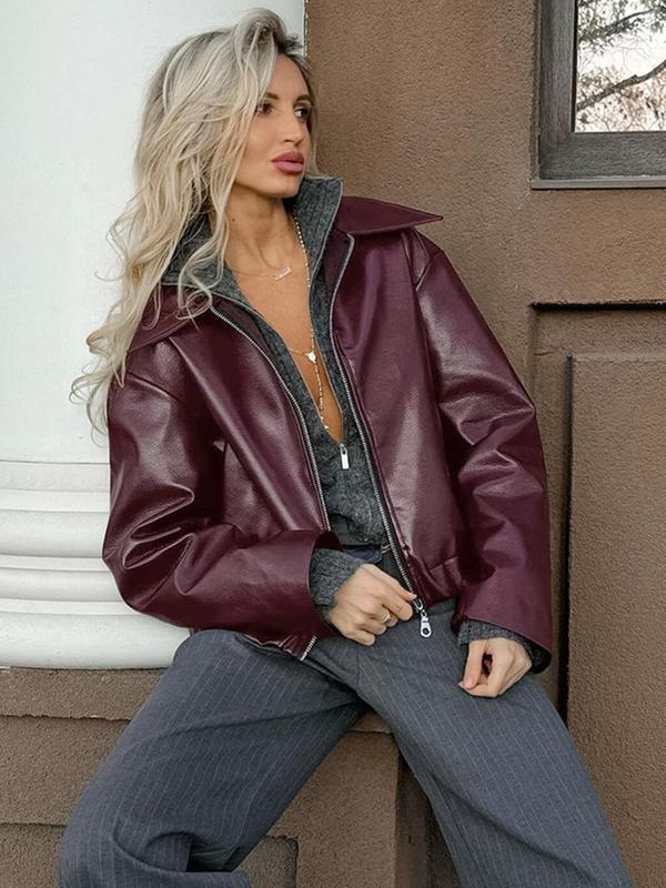 Women's Solid Zip Up Faux Leather Jacket, Casual Drop Shoulder Long Sleeve Collared Outerwear for Fall & Winter, Ladies Clothes for Daily Wear