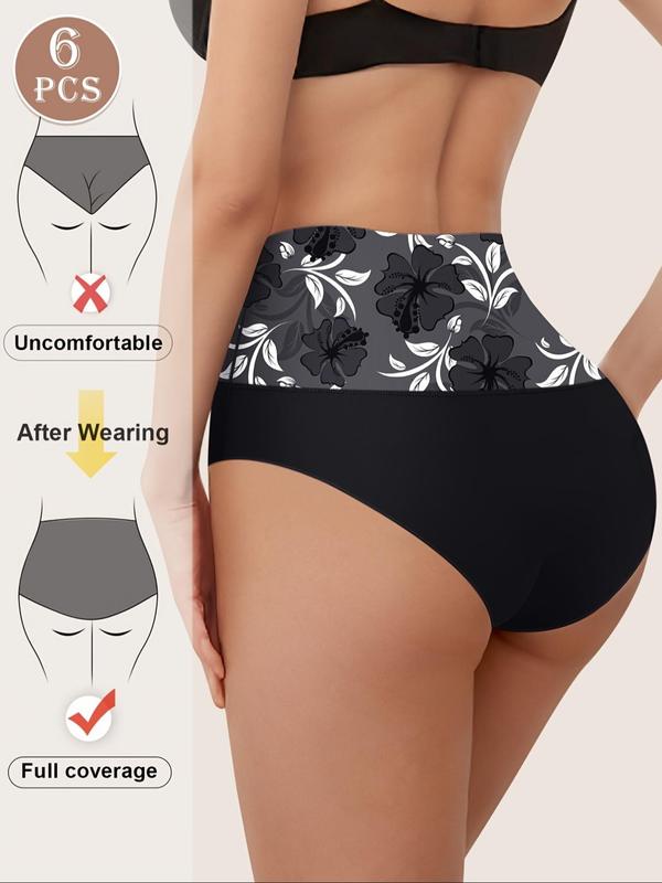 Women's Floral Print High Waist Briefs, Breathable Comfortable Elastic Waist Knicker for Daily Wear, Ladies Underwear for All Seasons