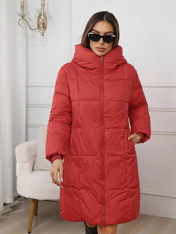 Women's Solid Zip Up Pocket Design Winter Coat, Casual Long Sleeve Thermal Outerwear for Fall & Winter, Women's Clothing for Daily Wear