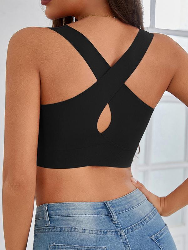 Women's Solid Criss Cross Backless Bralette, Casual Comfortable Breathable Wireless Bra, Lingerie for All Seasons