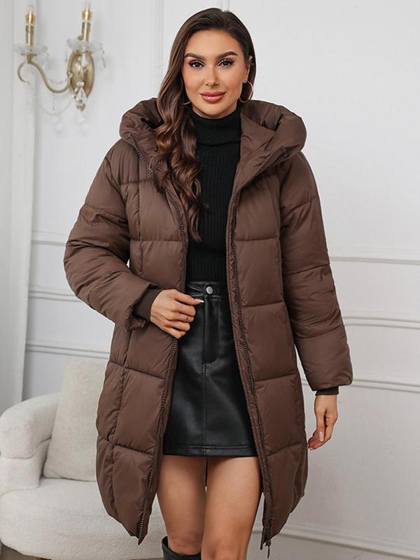 Women's Solid Zip Up Pocket Design Winter Coat, Casual Long Sleeve Thermal Outerwear for Fall & Winter, Women's Clothing for Daily Wear