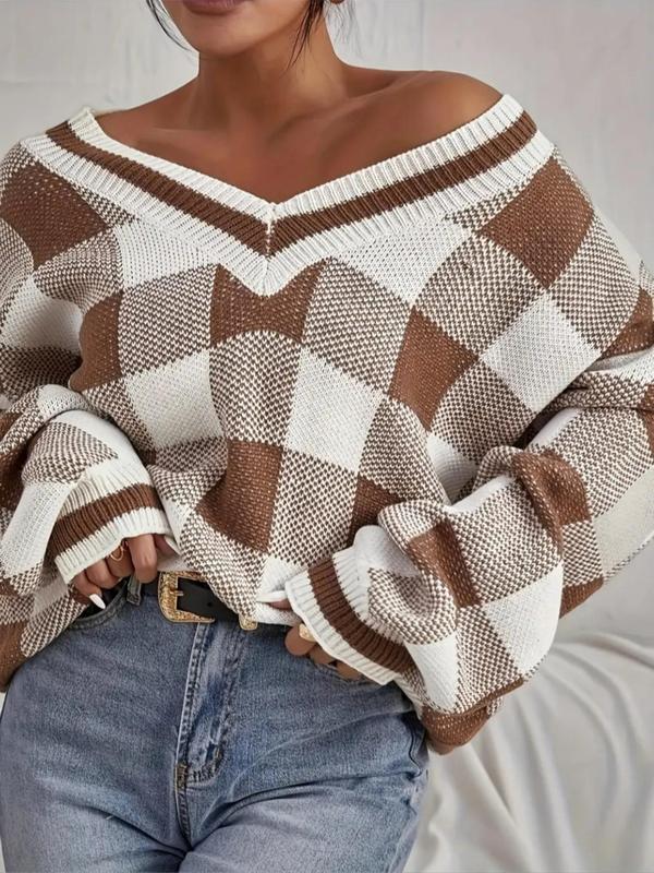 Women's Colorblock Plaid Print V Neck Sweater, Casual Drop Shoulder Long Sleeve Jumper for Spring & Fall, Fashion Women's Knitwear for Daily Wear