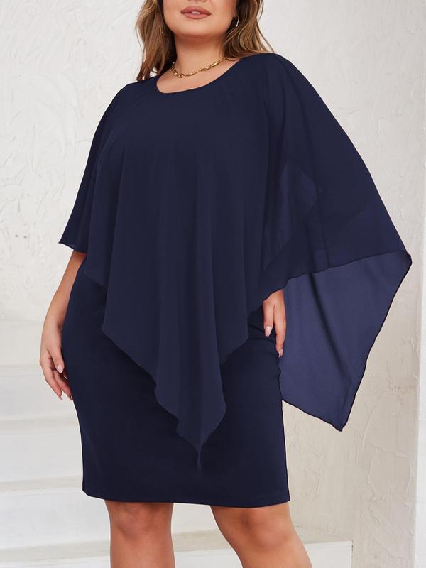  Plain Asymmetrical Hem Cloak Sleeve Bodycon Evening Dress, Elegant Long Sleeve Round Neck Knee Length Evening Party Gown, Women's Clothes for Spring & Fall