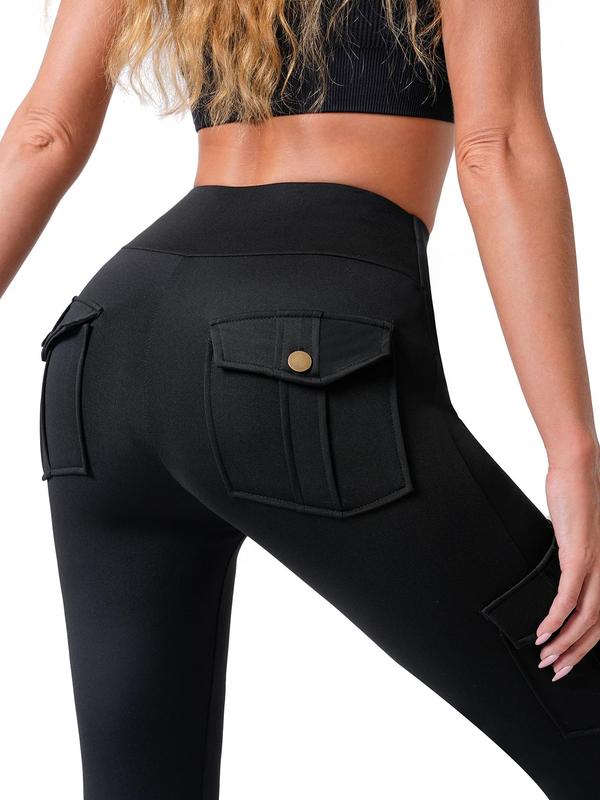 Women's Solid Flap Pocket High Waist Pants, Casual Comfy Button Design Leggings for Daily Wear, Ladies Bottoms for Fall & Winter