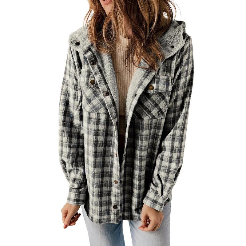 Dokotoo Womens Plaid Shacket Jacket Long Sleeve Button Down Fleece Hooded Jackets Warm Coat