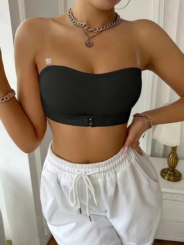 Women's Solid Color Wireless Bra with Clear Bra Straps, Hook & Eye Front Push Up Bralette, Women's Lingerie for All Seasons