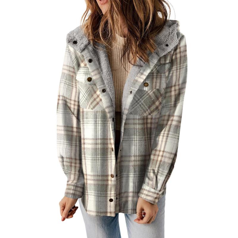 Dokotoo Womens Plaid Shacket Jacket Long Sleeve Button Down Fleece Hooded Jackets Warm Coat
