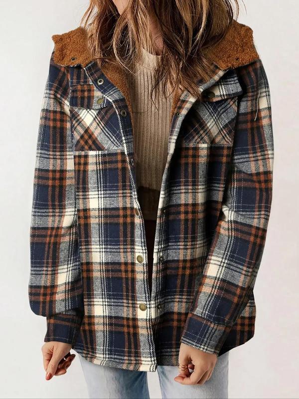 Women's Plaid Print Button Front Hooded Jacket, Casual Long Sleeve Pocket Outerwear for Fall & Winter, Ladies Clothes for Daily Wear