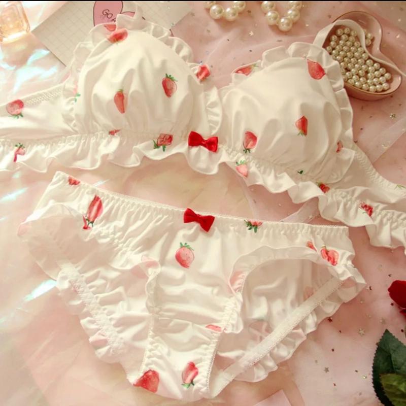 Strawberry Cute Japanese Milk Silk Bra & Panties Set Wirefree Soft Underwear Set Kawaii Lolita Bra and Panty Set Pink Linger