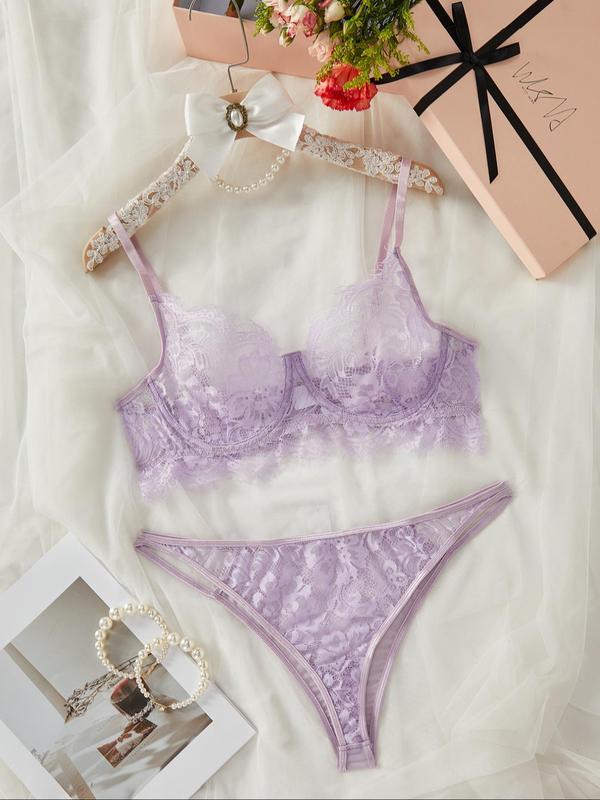 Plus Size Sheer Scallop Trim Sexy Lace Lingerie Set, Sexy Push Up Bra & Cut Out Thong Set, Women's Lingerie Set for All Seasons
