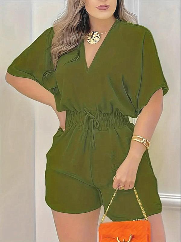 Women's Plain Drawstring High Waist Romper, Casual Batwing Sleeve V Neck Romper for Summer, Women's Clothing for Daily Wear
