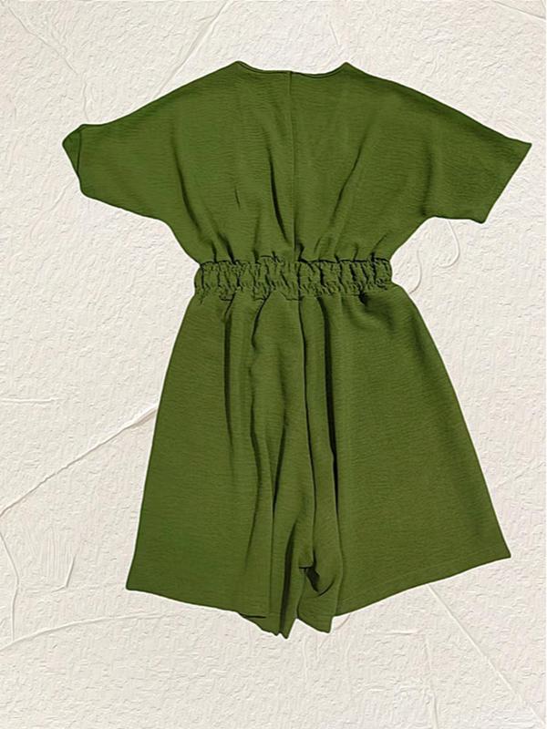Women's Plain Drawstring High Waist Romper, Casual Batwing Sleeve V Neck Romper for Summer, Women's Clothing for Daily Wear