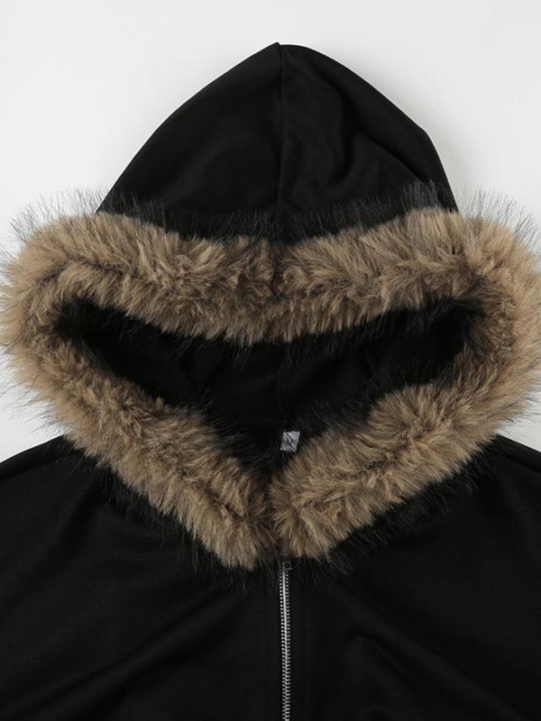 Women's Solid Zip Up Asymmetrical Hem Hooded Jacket, Casual Long Sleeve Zip Front Outerwear for Fall & Winter, Ladies Clothes for Daily Wear