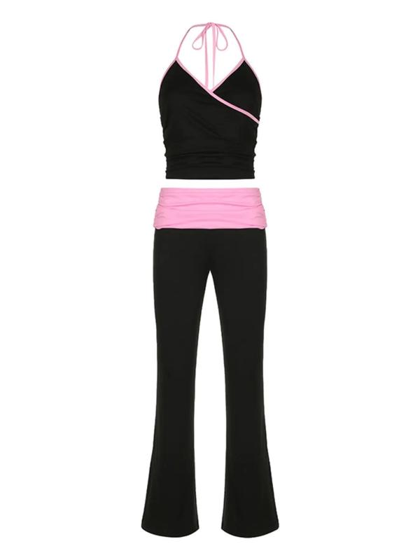 Two-piece Set Women's Contrast Binding Ruched Halter Crop Cami Top & High Waist Flare Leg Pants, Casual Sleeveless Tie Back Top & Bell Bottom Trousers for Summer,  Women's 2 Piece Sets, Ladies Clothes for Daily Wear