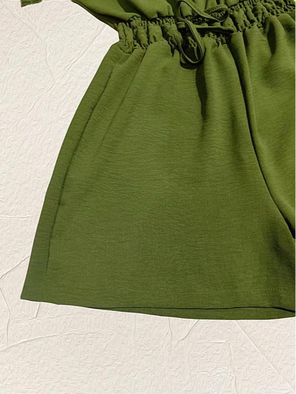 Women's Plain Drawstring High Waist Romper, Casual Batwing Sleeve V Neck Romper for Summer, Women's Clothing for Daily Wear