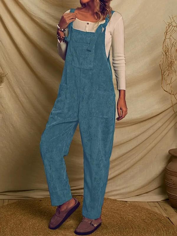 Women's Plain Knot Front Pocket Corduroy Overalls Jumpsuit without Top, Casual Sleeveless Square Neck Overalls  Body Jumpsuits  for Fall & Winter, Women's Jumpsuit for Daily Wear