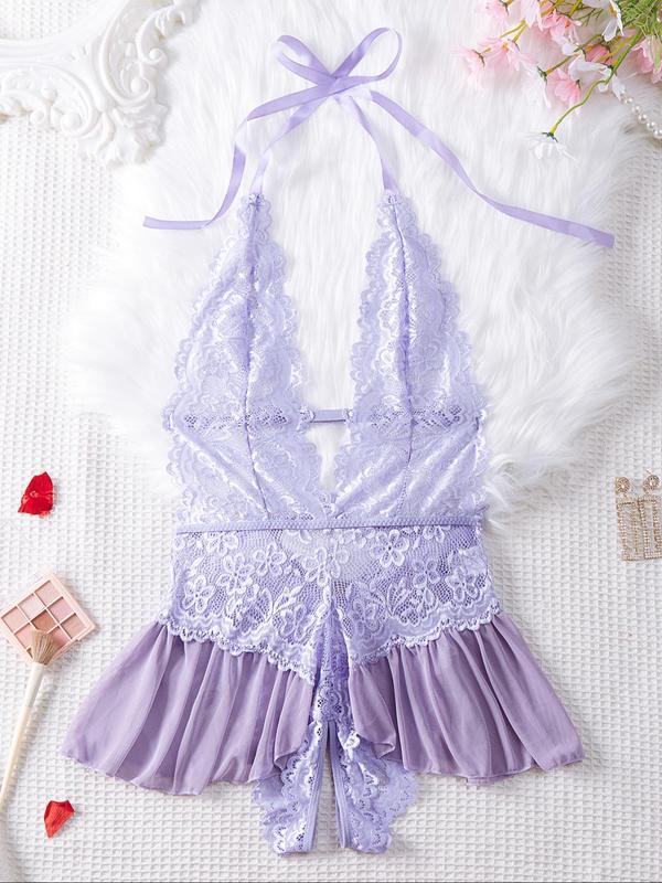 Women's Backless Ruffle Hem Sheer Lace Halter Sexy Lingerie Bodysuit, Open Crotch Design Adjustable Strap Tie Back Bodysuit, Ladies Lingerie for All Seasons