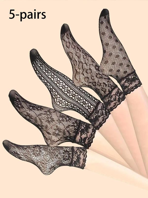 Women's Hollow Out Contrast Lace Crew Socks, Fashion Breathable Patterned Socks, Ladies Sheer Socks for Summer