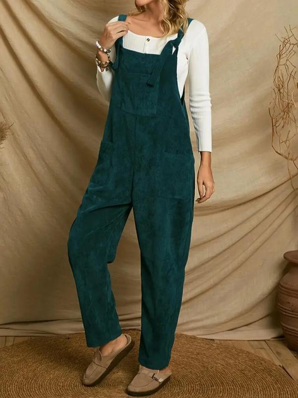 Women's Plain Knot Front Pocket Corduroy Overalls Jumpsuit without Top, Casual Sleeveless Square Neck Overalls  Body Jumpsuits  for Fall & Winter, Women's Jumpsuit for Daily Wear
