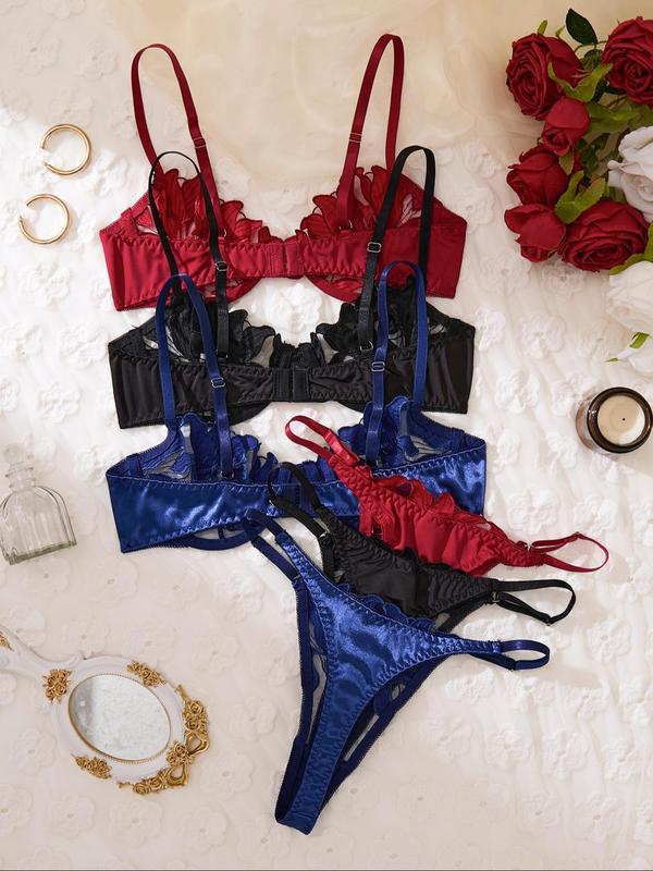 Women's Floral Embroidery Sheer Mesh Lingerie Set, Elegant Adjustable Strap Underwire Push Up Bra & Thong, Soft Comfy Breathable Lingerie Set for Women