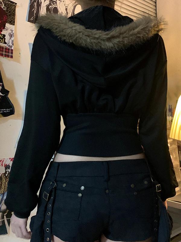 Women's Solid Zip Up Asymmetrical Hem Hooded Jacket, Casual Long Sleeve Zip Front Outerwear for Fall & Winter, Ladies Clothes for Daily Wear