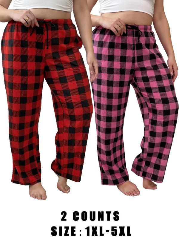  Plaid Print Drawstring Waist Pants, Casual Comfy Elastic Waist Trousers for Women, Women's Sleepwear for Fall & Winter