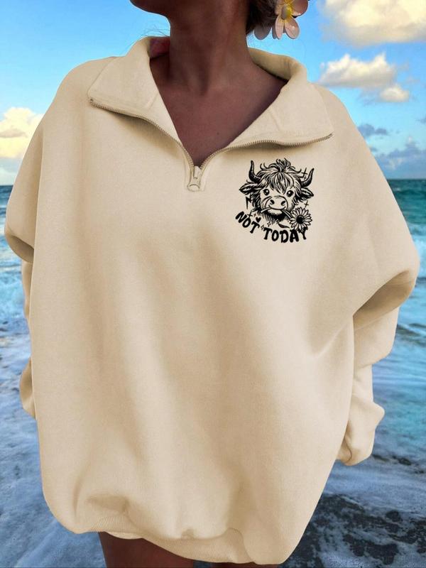 Women's Highland Cow & Letter Print Thermal Lined Sweatshirt, Casual Long Sleeve Pullover for Fall & Winter, Women's Clothes for Daily Wear