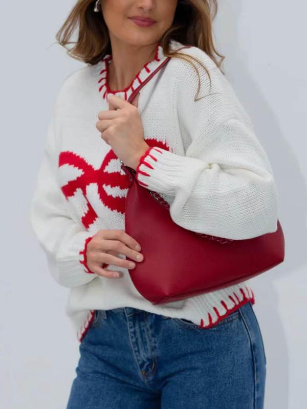 Women's Bow Print Drop Shoulder Sweater, Casual Long Sleeve Round Neck Jumper for Fall & Winter, Fashion Ladies' Knitwear for Daily Wear Christmas